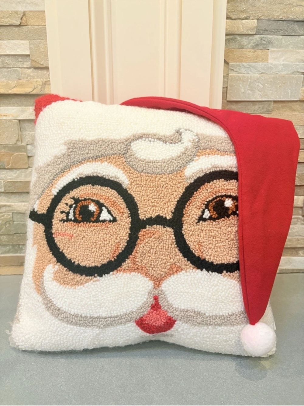 Ashland Santa Face Hooked Pillow with Red Hat and Black Glasses